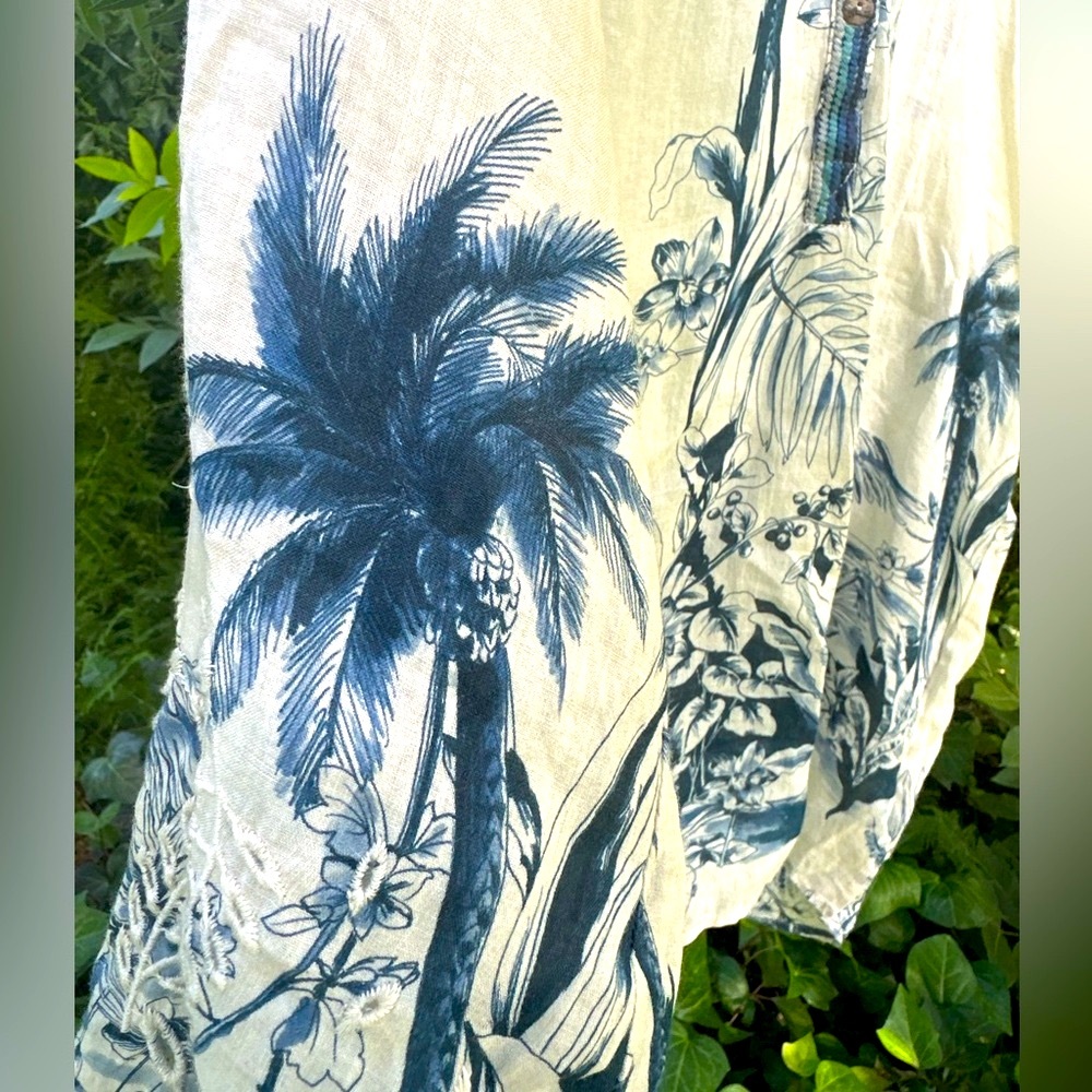 Johnny Was Blue and Cream Botanical Casual Linen Shirt